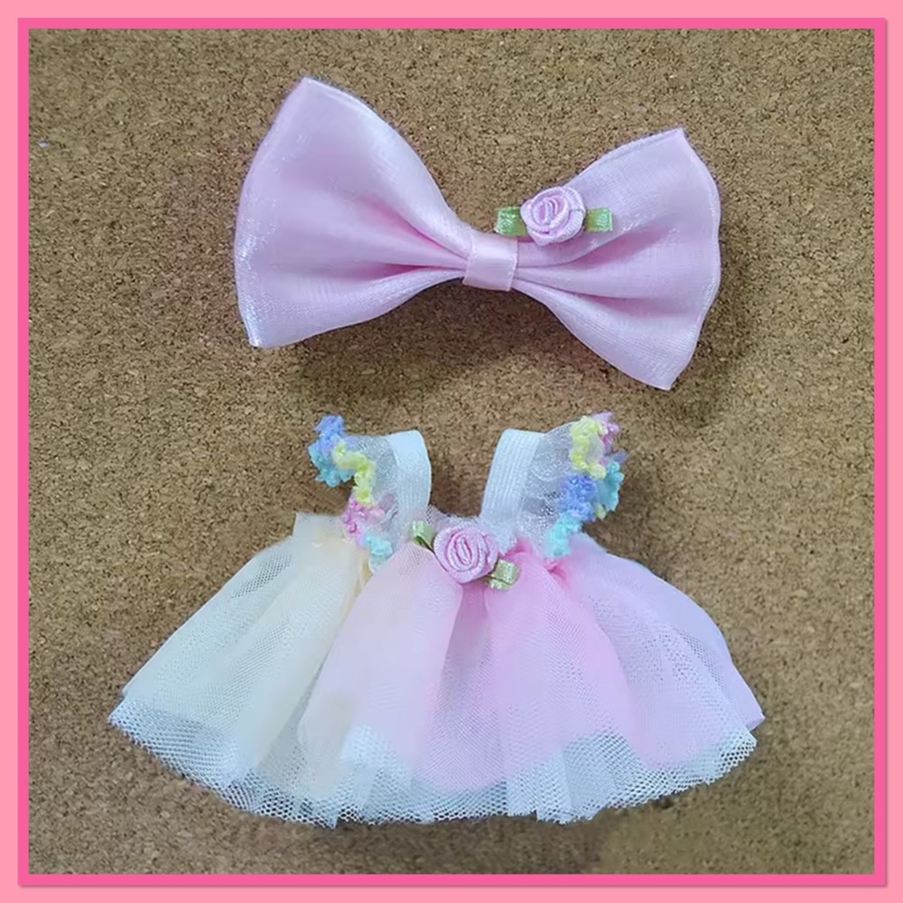 Labubu Pink and White Doll Dress with Detailed Rose and Straps, Cute Bow
